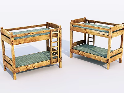 Wooden Bunk Beds With Ladder And Green Mattress For Kids Room 3d model