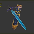 Blue Glowing Sword With Purple Decorative Hilt And Yellow Scabbard Featuring Intricate Patterns 3d model