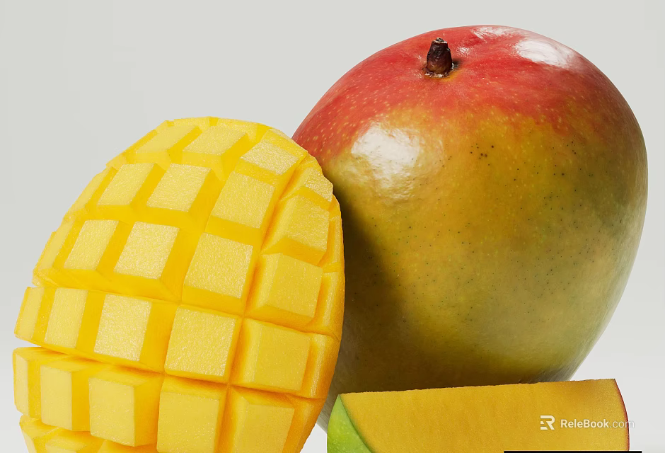 Ripe Fresh Mango Fruit With Red Green Skin And Yellow Diced Flesh Slices 3d model 