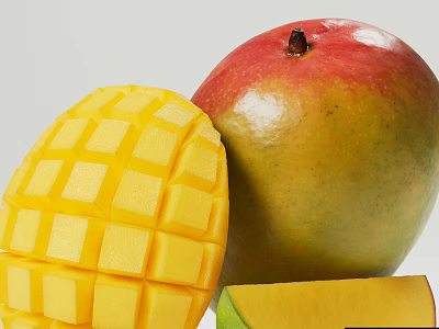 Ripe Fresh Mango Fruit With Red Green Skin And Yellow Diced Flesh Slices 3d model