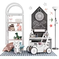 Plush Stuffed Toys On White Arched Shelf With Blackboard Wall And White Toy Stroller