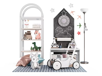 Plush Stuffed Toys On White Arched Shelf With Blackboard Wall And White Toy Stroller 3d model