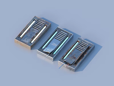 Three Shiny Metal Rectangular Components Featuring Striped Design On Light Blue Background 3d model
