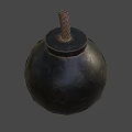 Single Black Bomb Weapon With Spiral Fuse Isolated On Dark Background