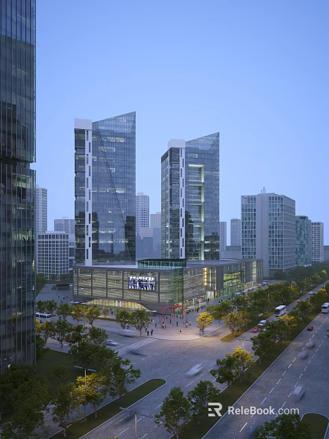 Modern High Rise Office Building With Glass Facade In Urban Plaza And Pedestrians 3d model 