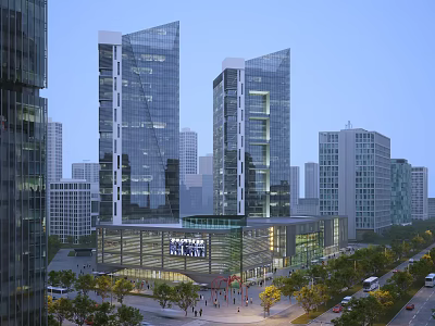 Modern High Rise Office Building With Glass Facade In Urban Plaza And Pedestrians 3d model