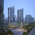 Modern High Rise Office Building With Glass Facade In Urban Plaza And Pedestrians
