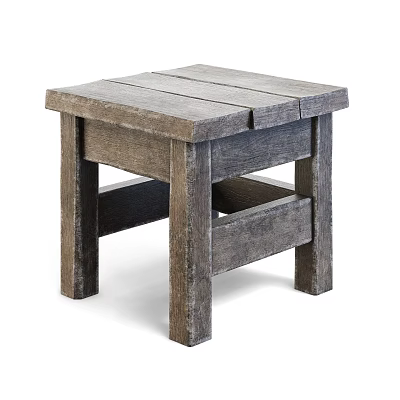 Rustic Gray Wooden Stool With Solid Legs And Distressed Wood Texture 3d model