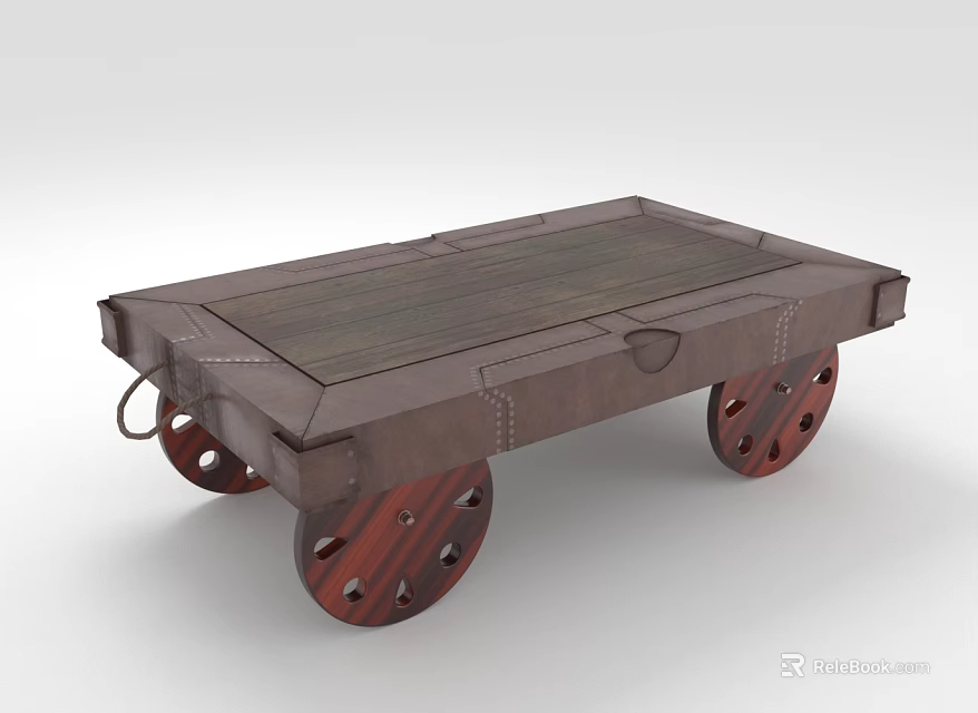 Rustic Wooden Furniture Cart With Solid Wood Top Riveted Frame And Decorative Wheels 3d model 