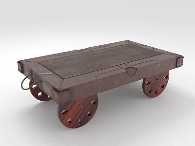 Rustic Wooden Furniture Cart With Solid Wood Top Riveted Frame And Decorative Wheels 3d model