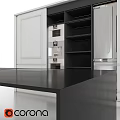 Modern Black Dining Table In Kitchen With White Cabinets And Black Shelves