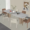 Dining Table Set with White Marble Tabletop Two Brown Two Beige Chairs Vase Fruits Glassware