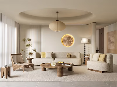 Minimalist Living Room Interior With Beige Sofa Round Wall Art And Wooden Furniture 3d model