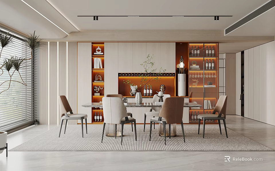Modern Dining Room Interior Design With Round Table Chairs Display Cabinets And Potted Plant Lighting 3d model 