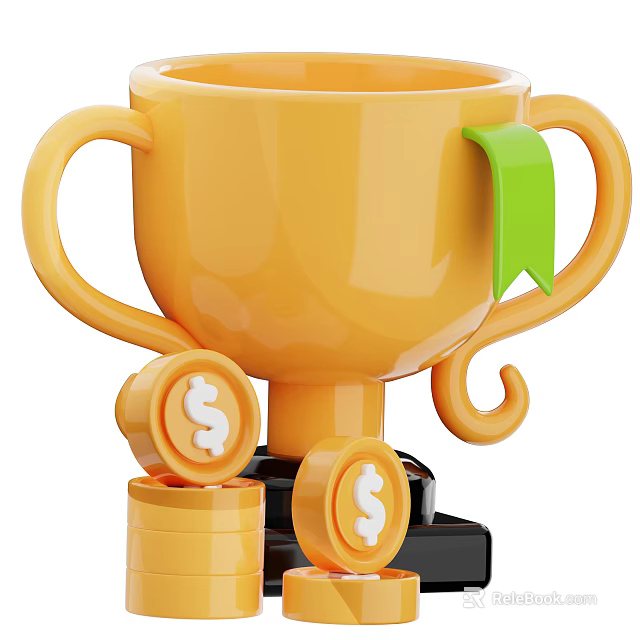Golden Trophy Award with Green Ribbon and Stacked Coins Featuring Dollar Signs 3d model 