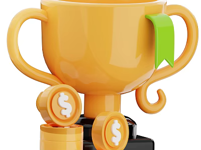 Golden Trophy Award with Green Ribbon and Stacked Coins Featuring Dollar Signs 3d model
