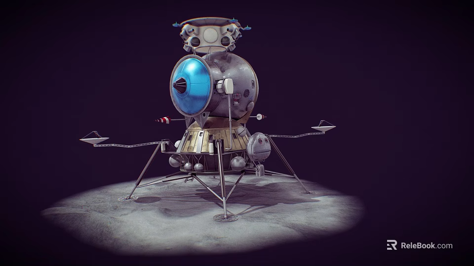 Vintage Lunar Lander Spacecraft With Blue Dome And Metal Legs On Gray Ground 3d model 