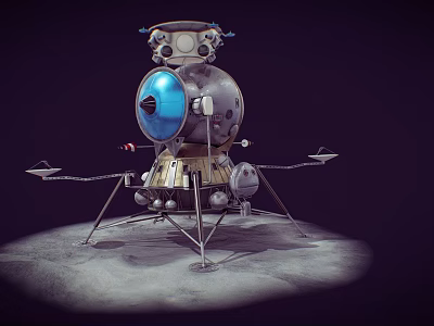 Vintage Lunar Lander Spacecraft With Blue Dome And Metal Legs On Gray Ground 3d model