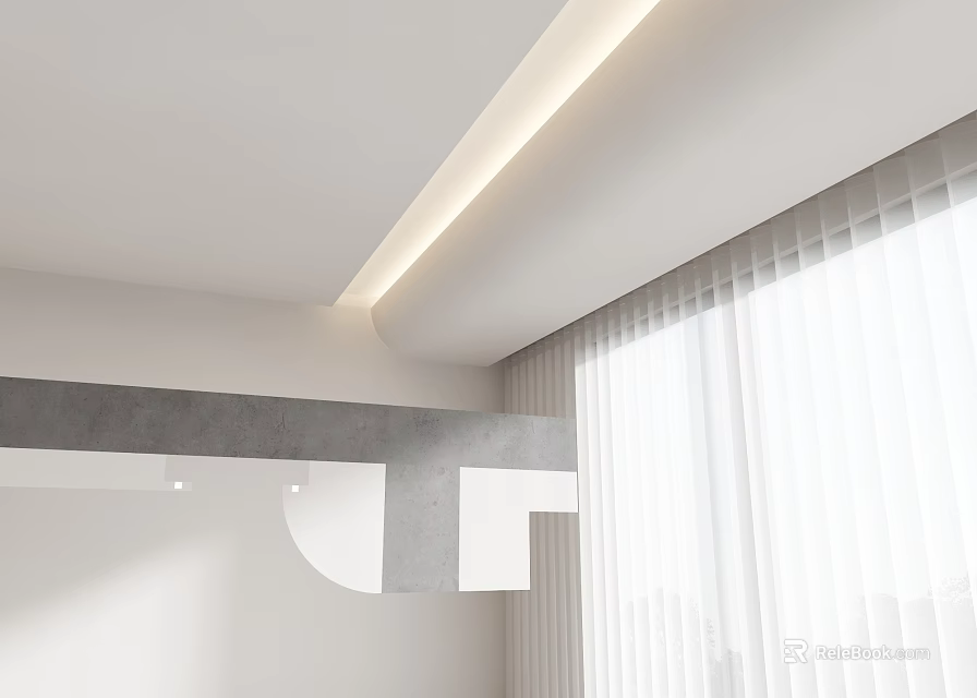 Modern White Ceiling Design With LED Strip Light Gray Structural Element And Window White Blinds 3d model 
