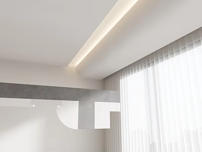 Modern White Ceiling Design With LED Strip Light Gray Structural Element And Window White Blinds 3d model