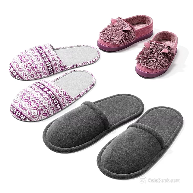 Cozy Indoor Slippers with Patterned and Simple Design Purple Grey Pink Fluffy Soft Comfortable Footwear 3d model 