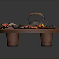 Traditional Japanese Cuisine Assorted Sushi Sashimi on Circular Tray with Teapot and Chopsticks
