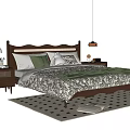 Double Bed With Wooden Headboard Green Beige Pillows Patterned Quilt Nightstand Table Lamp Checkered Rug