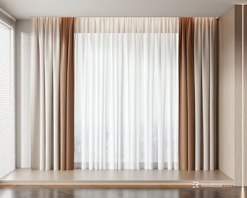 Modern Double Layer Curtains With White Sheer And Brown Fabric For Window Decoration 3d model 