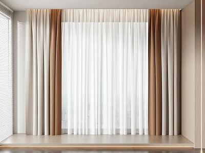 Modern Double Layer Curtains With White Sheer And Brown Fabric For Window Decoration 3d model