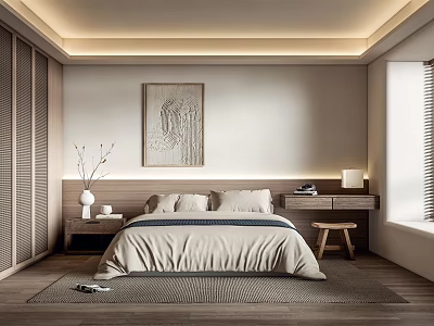 Minimalist Bedroom Interior Design With Neutral Bed Linen Wooden Nightstand And Abstract Wall Art 3d model