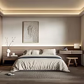 Minimalist Bedroom Interior Design With Neutral Bed Linen Wooden Nightstand And Abstract Wall Art