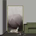 Abstract Geometric Painting in Minimalist Living Room with Gray Sofa and Dalmatian Dog