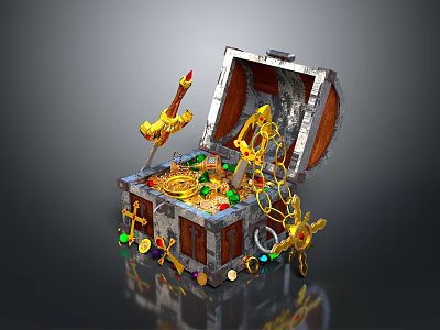 Open Vintage Treasure Chest Filled With Gold Coins Gemstones Golden Key And Decorative Anchor 3d model