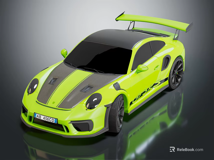 Neon Yellow Sports Car With Rear Spoiler And Striped Sporty Exterior Design 3d model 