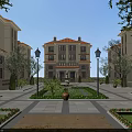European Style Multi story Residential Building With Red Tile Roof Lush Gardens And Street Lamps