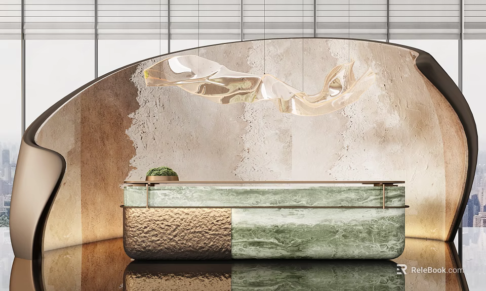Modern Reception Desk With Green Marble Top Gold Frame And Hanging Light Above Textured Wall 3d model 