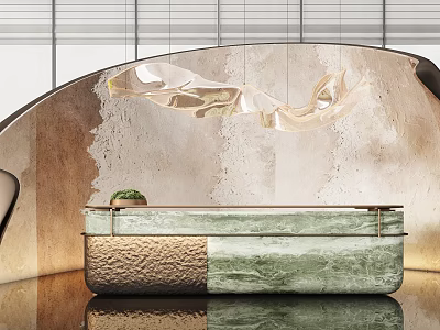 Modern Reception Desk With Green Marble Top Gold Frame And Hanging Light Above Textured Wall 3d model