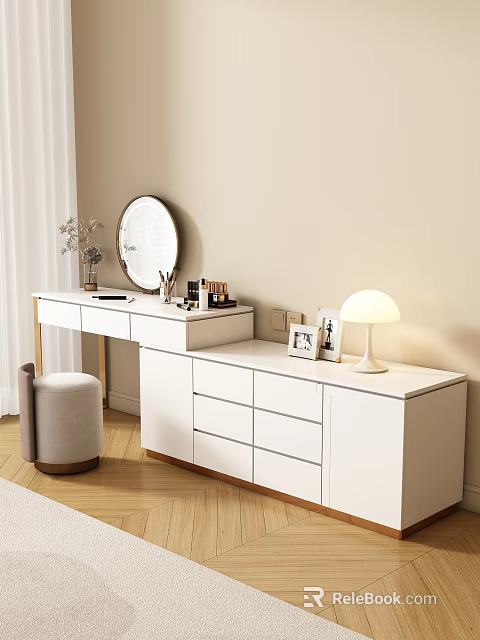 White Dressing Table With Drawers Mirror Cosmetics Table Lamp And Photo Frames 3d model