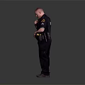 A Man In Police Uniform Standing Against Gray Background Adjusting Waist Gear With Badge