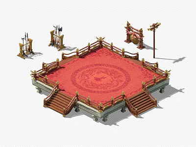 Cartoon Scene Featuring Red Carpet Platform With Railing Stairs Weapon Racks Drum And Lamp Post 3d model