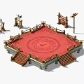Cartoon Scene Featuring Red Carpet Platform With Railing Stairs Weapon Racks Drum And Lamp Post