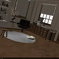Interior With Metal Shelf Black Chair Round Rug Chandelier Wooden Herringbone Floor Glass Door Leading To Pool
