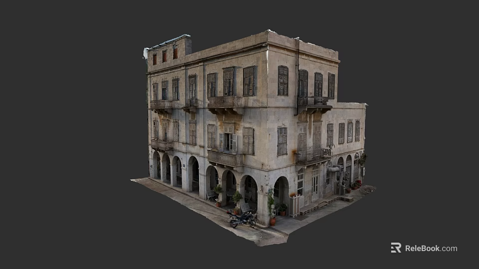 Urban Architectural Complex with Ancient Weathered Exterior Arched Doorways Balconies Surrounded by Plants and Motorcycle 3d model 