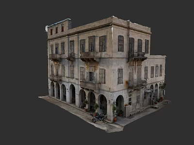 Urban Architectural Complex with Ancient Weathered Exterior Arched Doorways Balconies Surrounded by Plants and Motorcycle 3d model