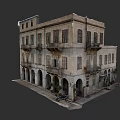 Urban Architectural Complex with Ancient Weathered Exterior Arched Doorways Balconies Surrounded by Plants and Motorcycle