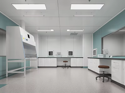 Modern Laboratory Interior With Fume Hood Lab Benches Stools And Computers 3d model