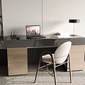 Modern Desk with Black Top Wooden Drawers Laptop Lamp and Chair