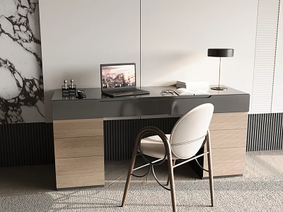 Modern Desk with Black Top Wooden Drawers Laptop Lamp and Chair 3d model