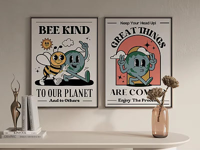 Colorful Wall Art Posters Featuring Bee Kind Great Things And Cartoon Planet Designs 3d model