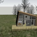 Modern Wooden House With Sloped Roof Large Windows And Trees In Natural Surroundings